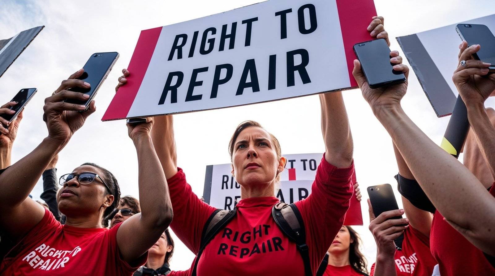 Protesters holding "Right to Repair" signs in unison.