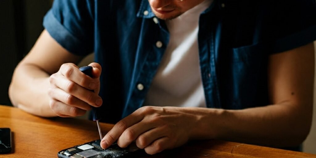 Person repairing a smartphone using a small screwdriver.