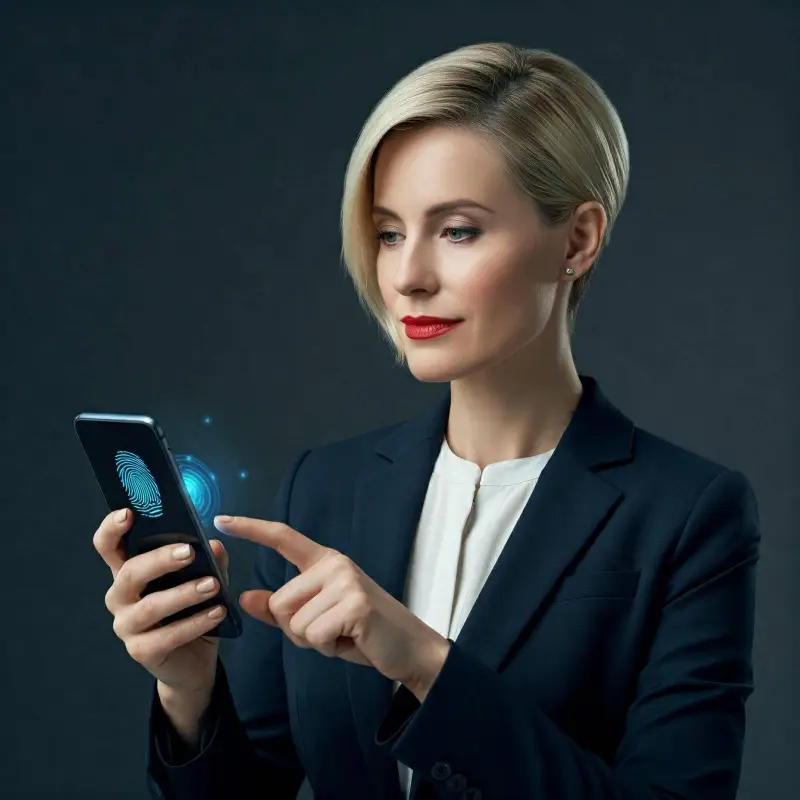 Woman using fingerprint scanner on phone for passkey login.