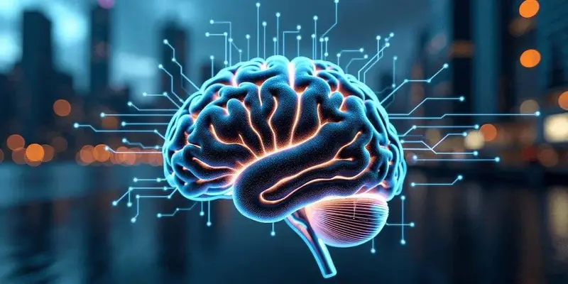 Brain with digital circuits in a futuristic setting.