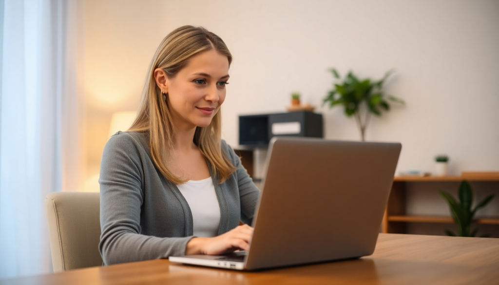 A woman using laptop banking online