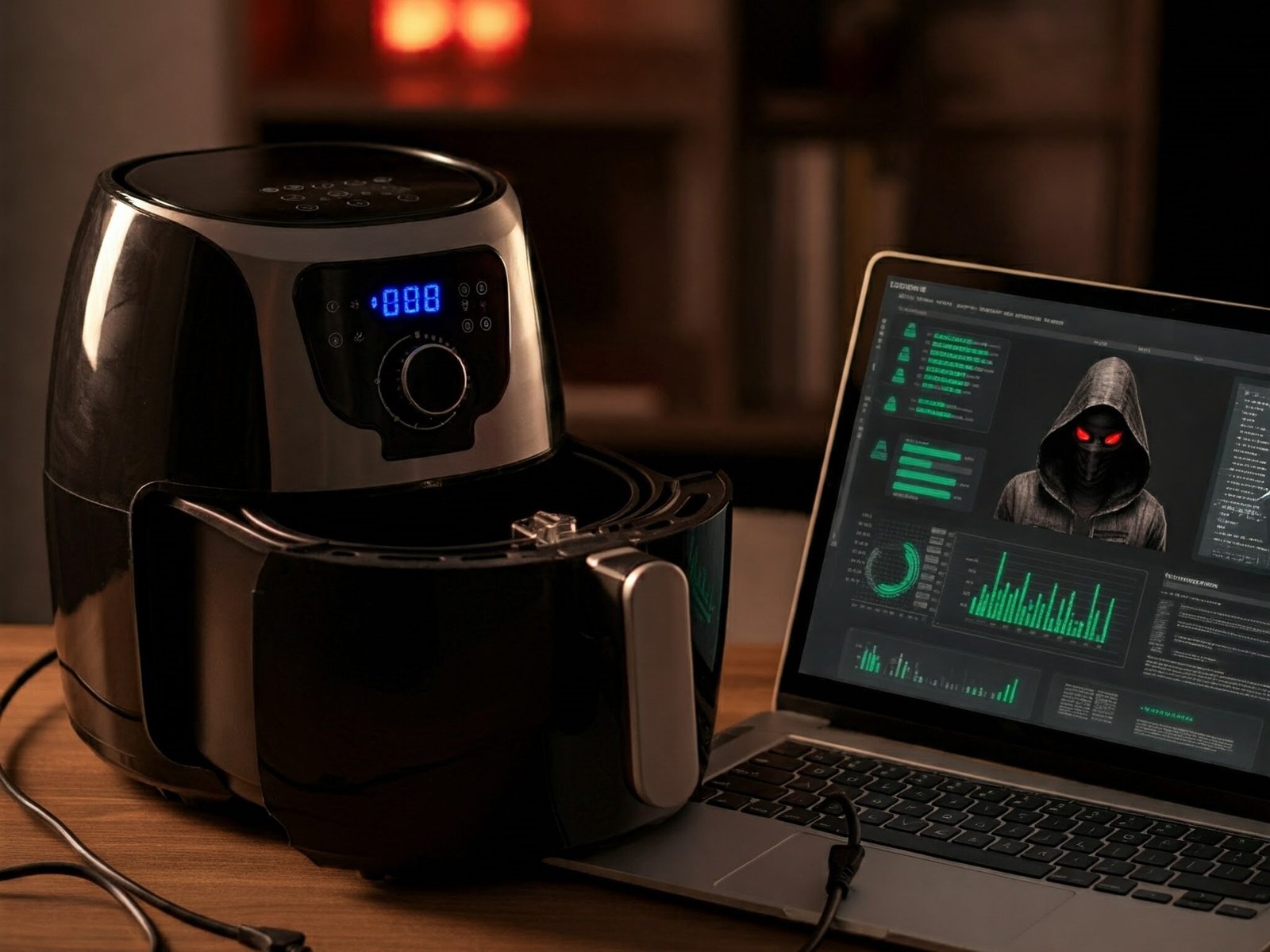 Air Fryer is being used while representational image of a laptop screen shows a threat hacker is targeting such devices for personal data collection.