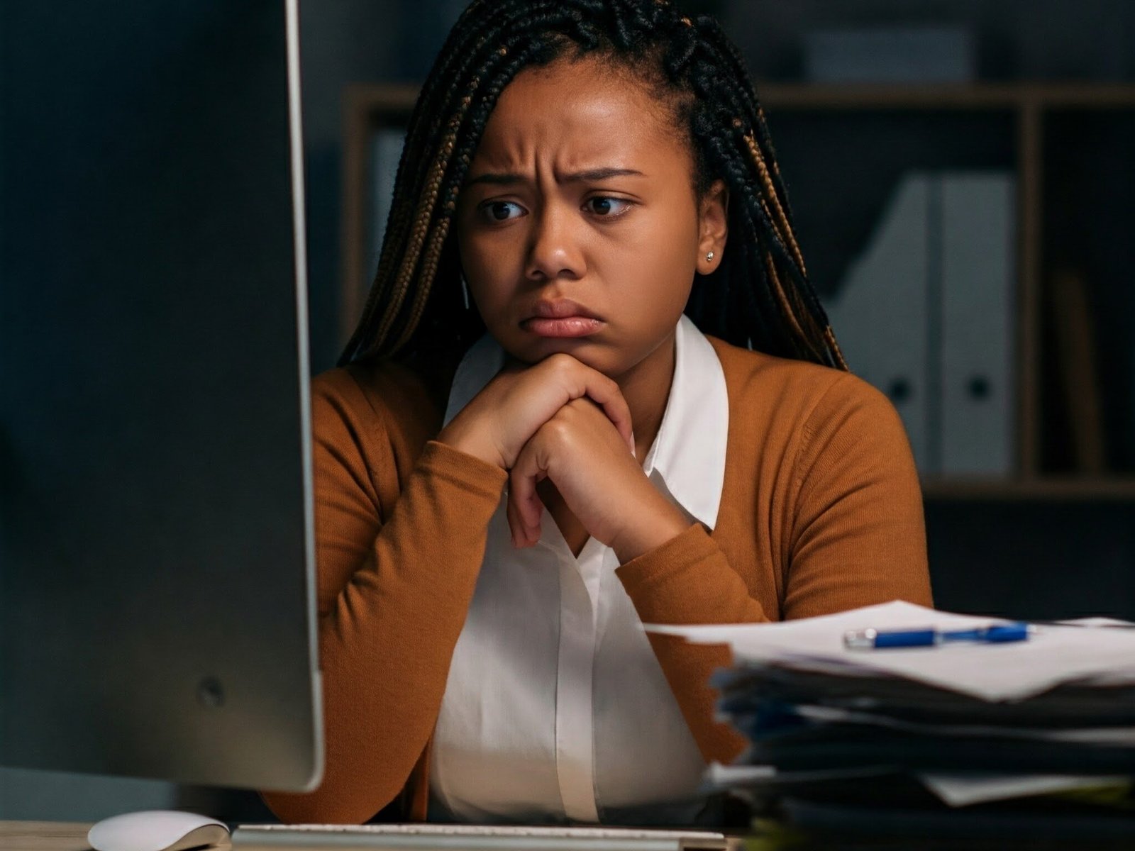 Woman distressed by content on computer screen.